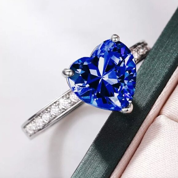 925 Sterling Silver Sapphire Diamond Heart Ring - Picture 3 of 4